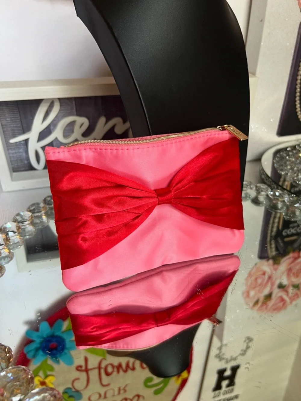 ipsy Pink Cosmetic Pouch with Red Satin Bow
